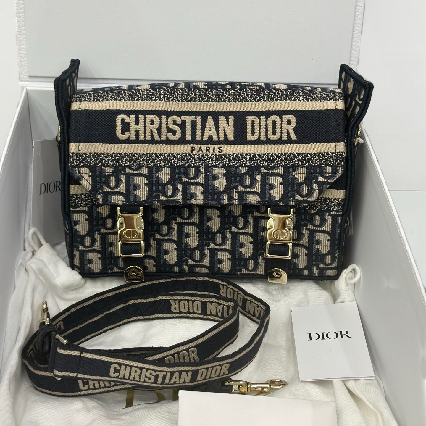 Dior Small DiorCamp Bag in Blue Dior Oblique Embroidery with Logo Strap