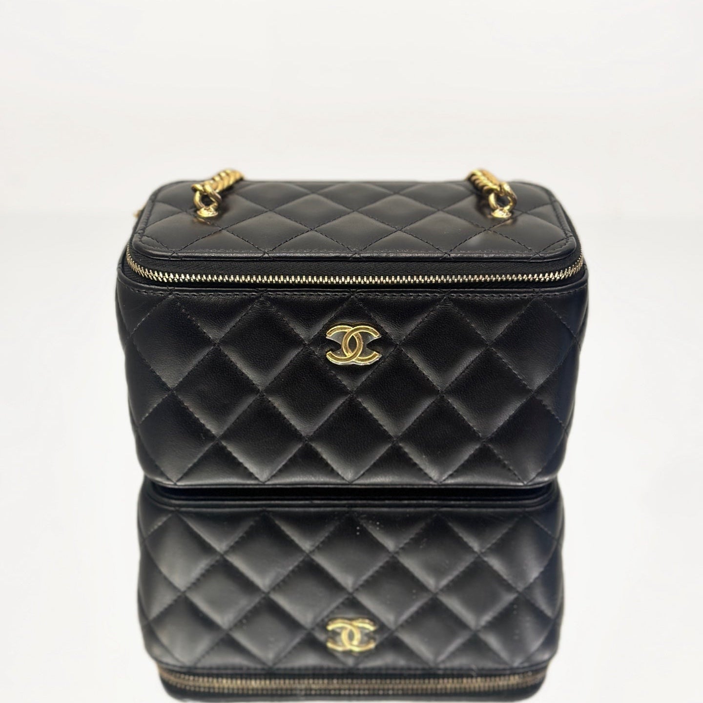 Chanel Quilted Lambskin Vanity Case with Embellished Bijoux Chain and Gold-Tone Hardware