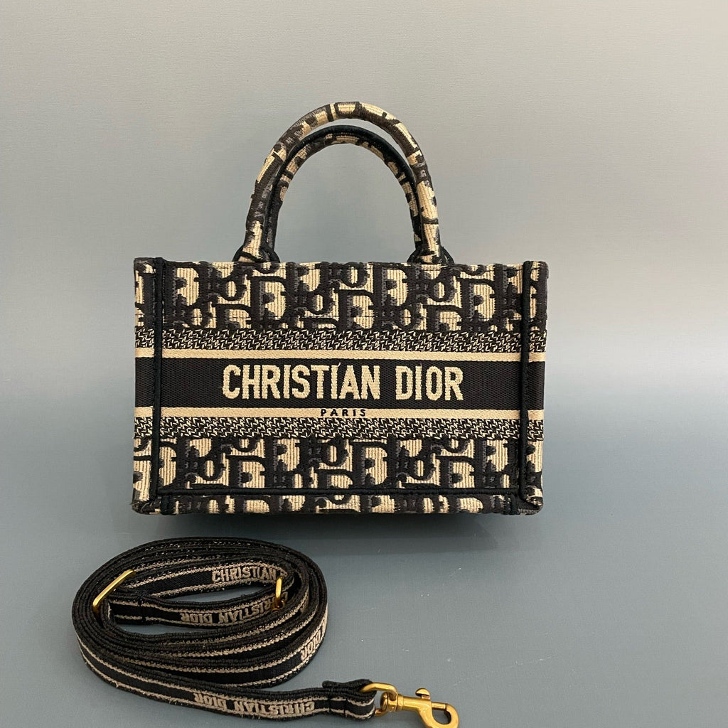 Christian Dior Mini Book Tote in Blue Dior Oblique Embroidery with Matching Strap