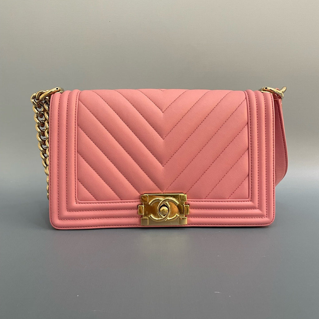 Chanel Medium Boy Bag in Pink Chevron Quilted Calfskin with Gold-Tone Hardware