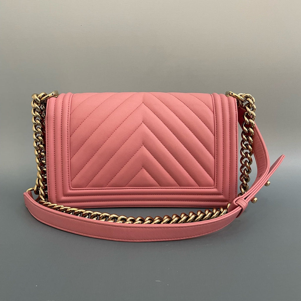 Chanel Medium Boy Bag in Pink Chevron Quilted Calfskin with Gold-Tone Hardware