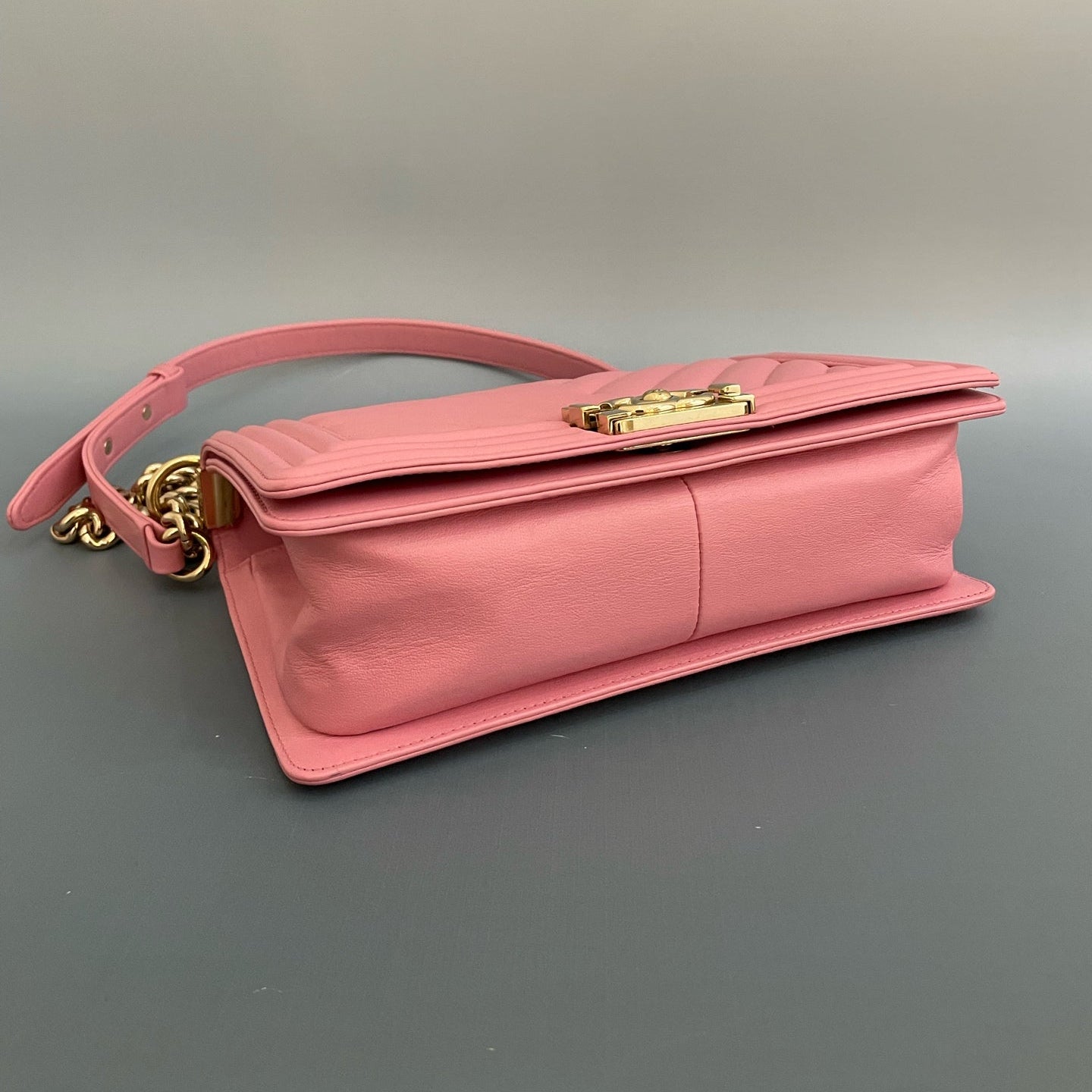 Chanel Medium Boy Bag in Pink Chevron Quilted Calfskin with Gold-Tone Hardware