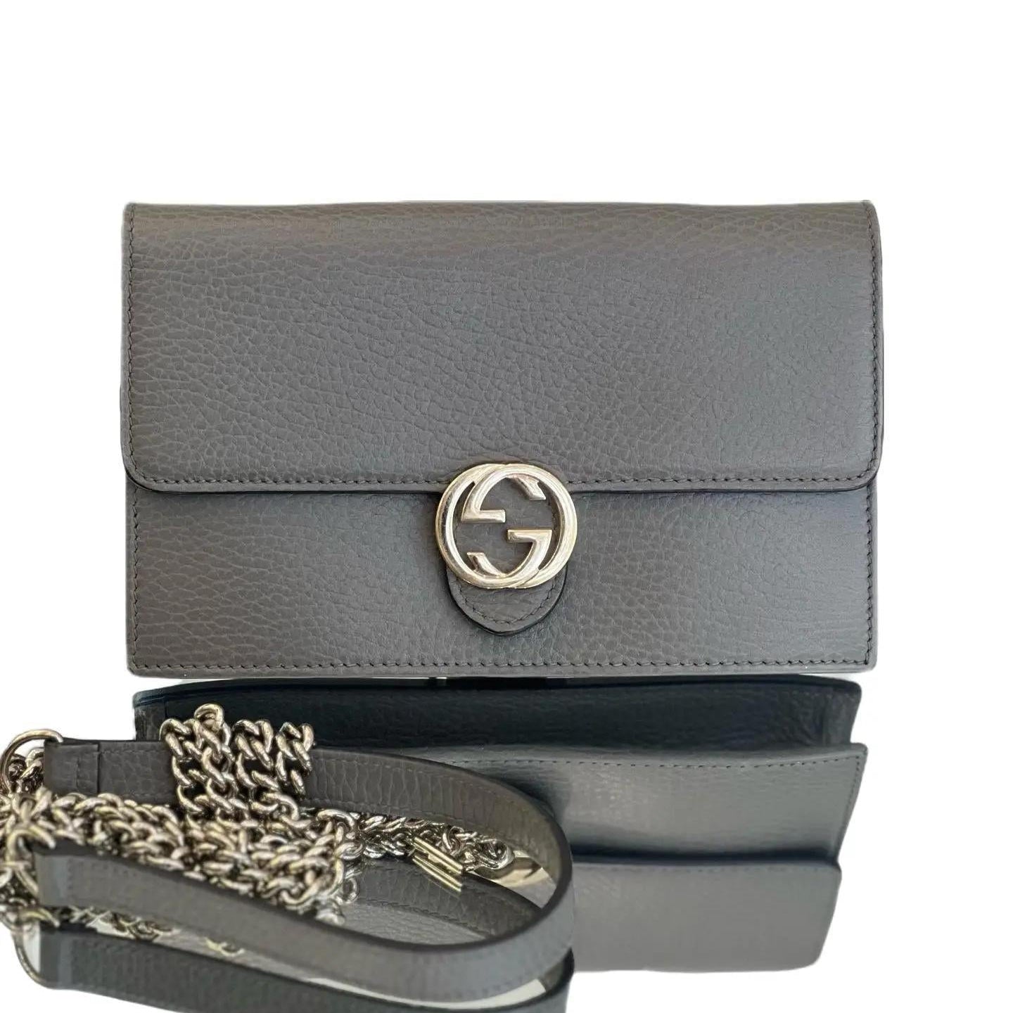 Gucci Grey Pebbled Interlocking G Wallet on Chain