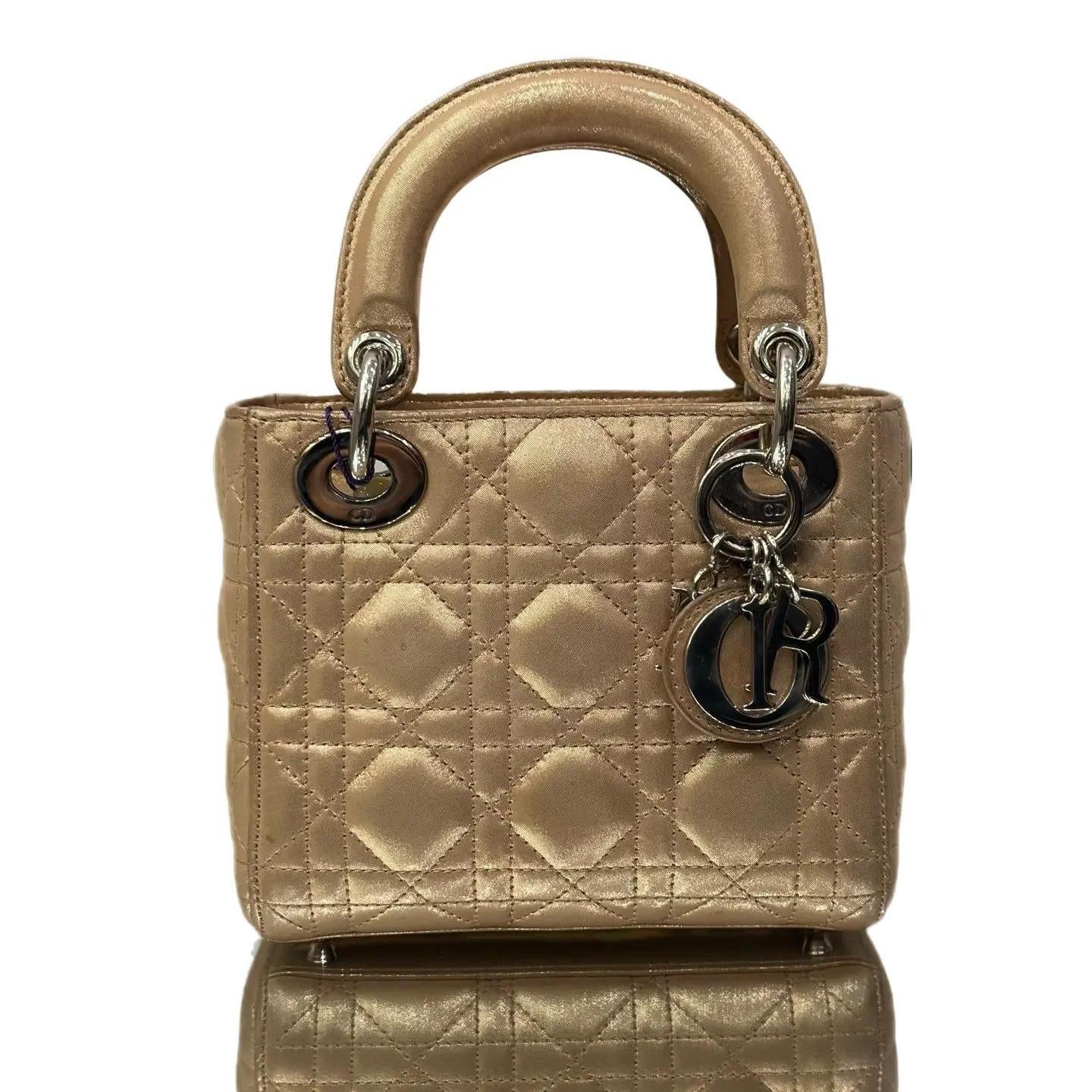 Dior Christian Metallic Lambskin Cannage Mini Lady Dior Gold